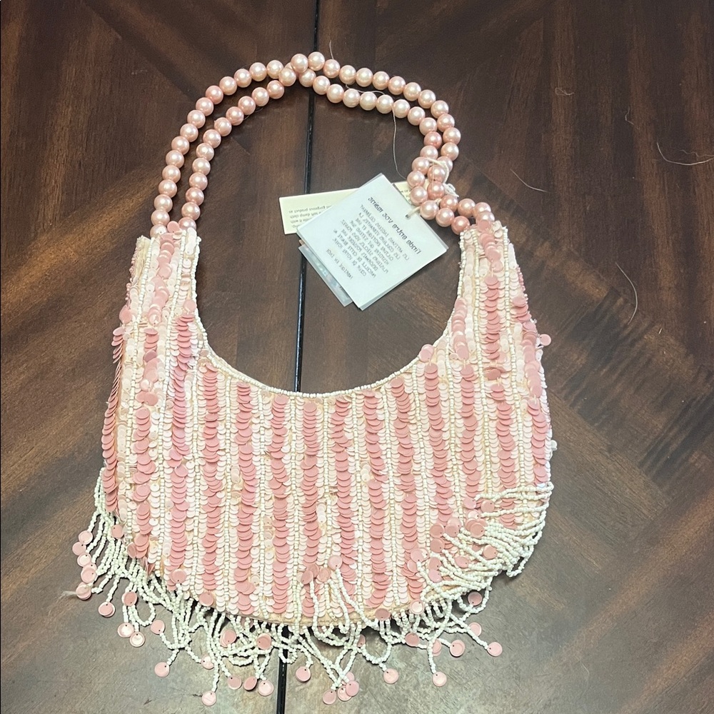 Pink Beaded Handbag with Pearl Strap - Picture 2 of 3